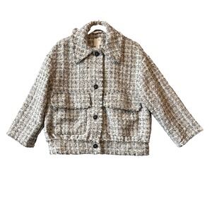 HM Boucle Tweed Cropped Shacket Jacket M Plaid Button Utility Pocket Bomber Raw